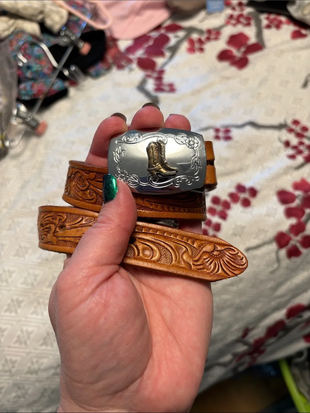 Western kids leather belt with cowboy boot buckle 29” length